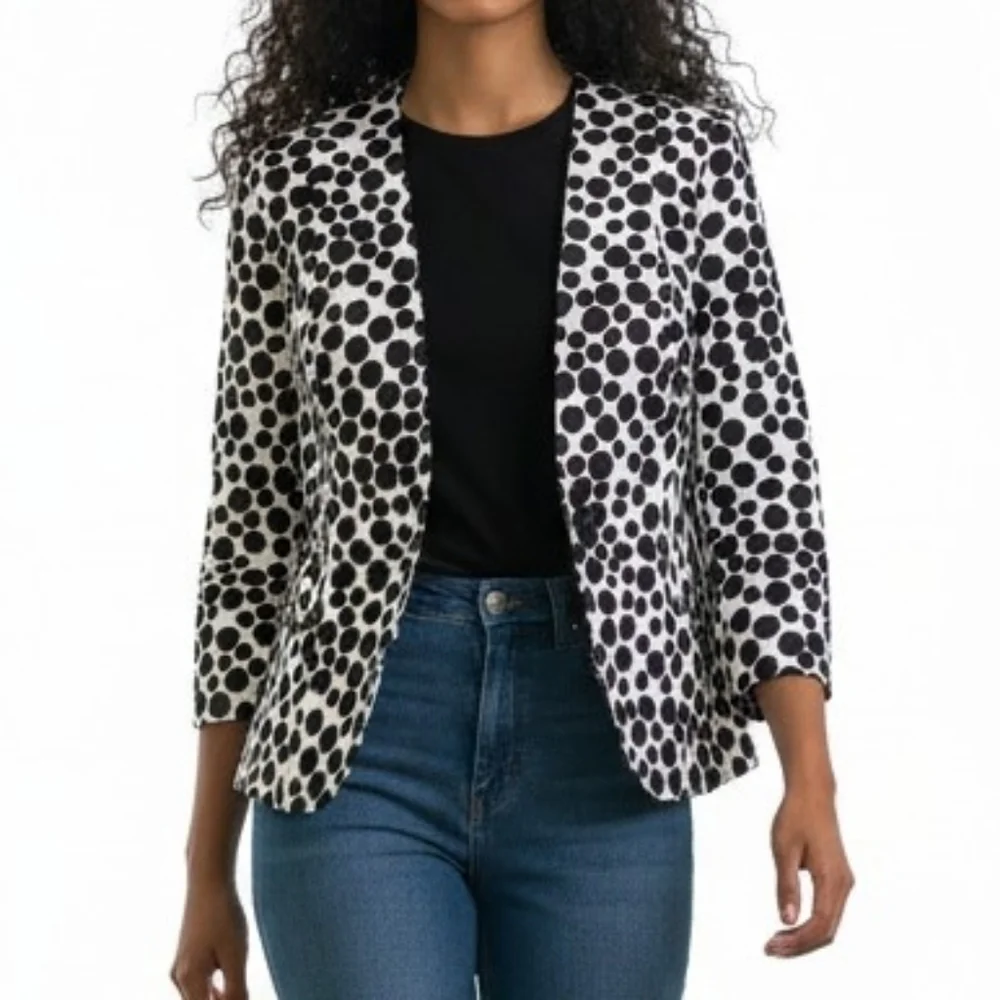 Kasper Peplum Blazer Women Size 6 White Black Polka Dot 1 Button 3/4 Sleeve Slit